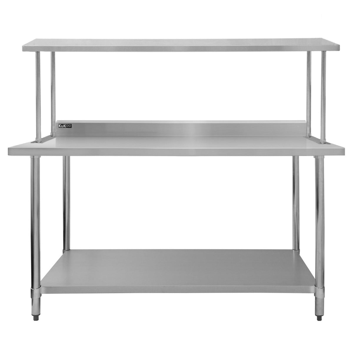 Plan de travail en acier inoxydable de 150 cm avec étagère d'appoint, finition lisse et brillante, structure robuste et moderne