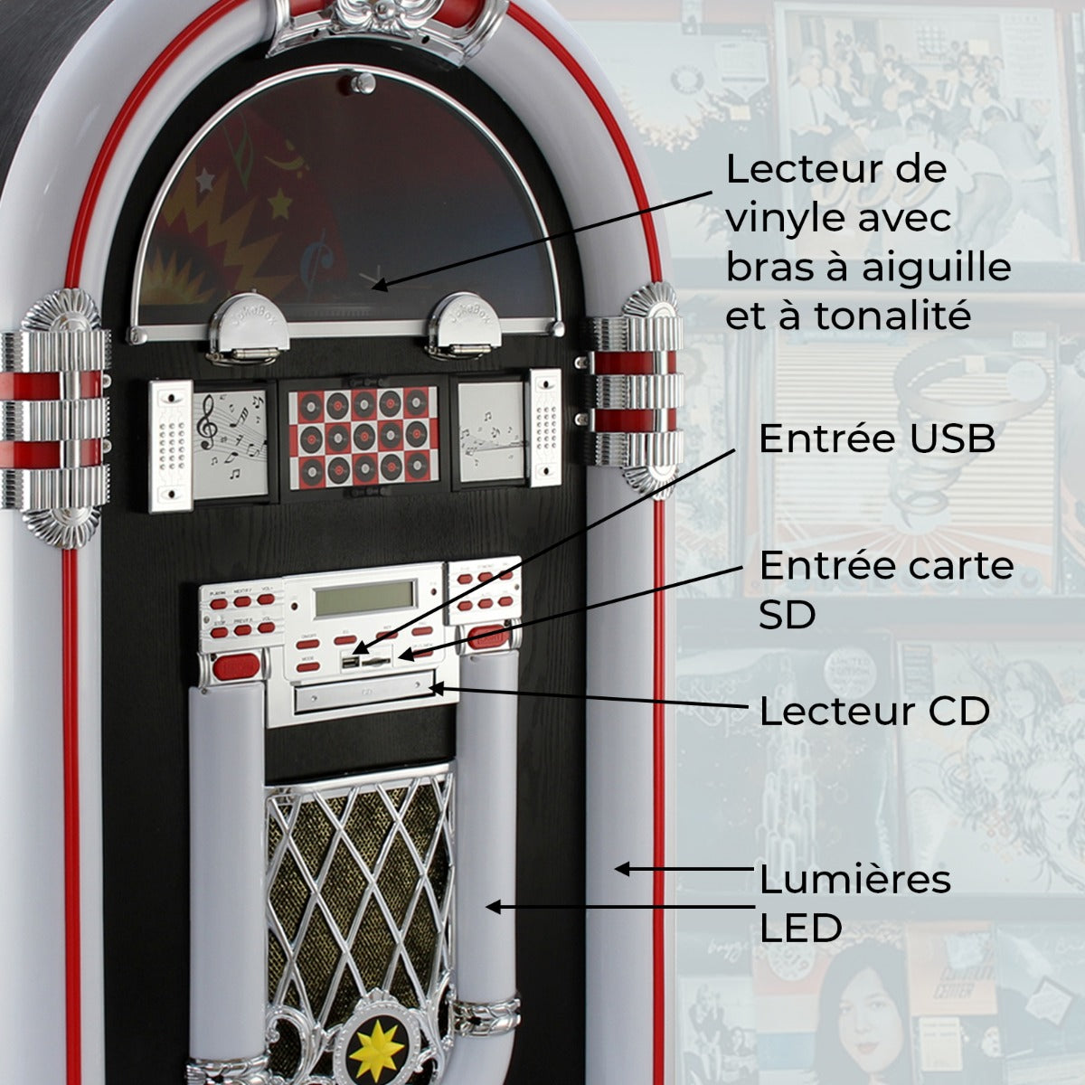 Jukebox Rétro à poser sur le sol MonsterShop Lecteur CD, MP3, Bluetooth, Radio, AUX, Eclairage