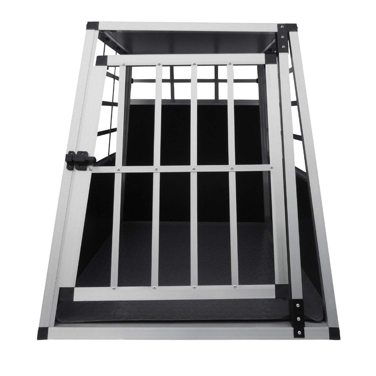 Cage de transport pour animaux grand format en métal, avec une porte grillagée, un fond en caoutchouc et une finition noire élégante