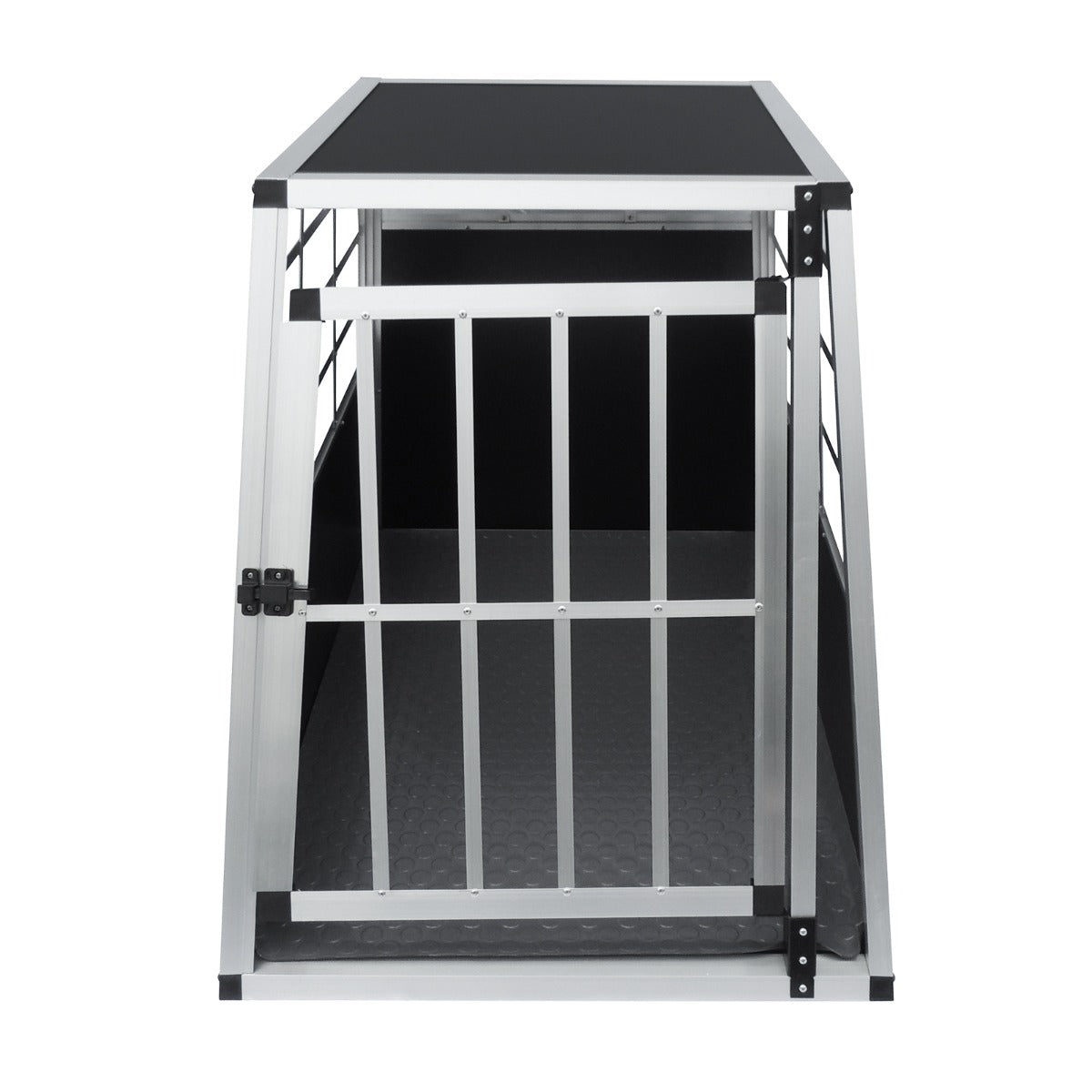 Cage de transport pour animaux grand format en aluminium, avec porte grillagée, intérieur noir et sol texturé antidérapant
