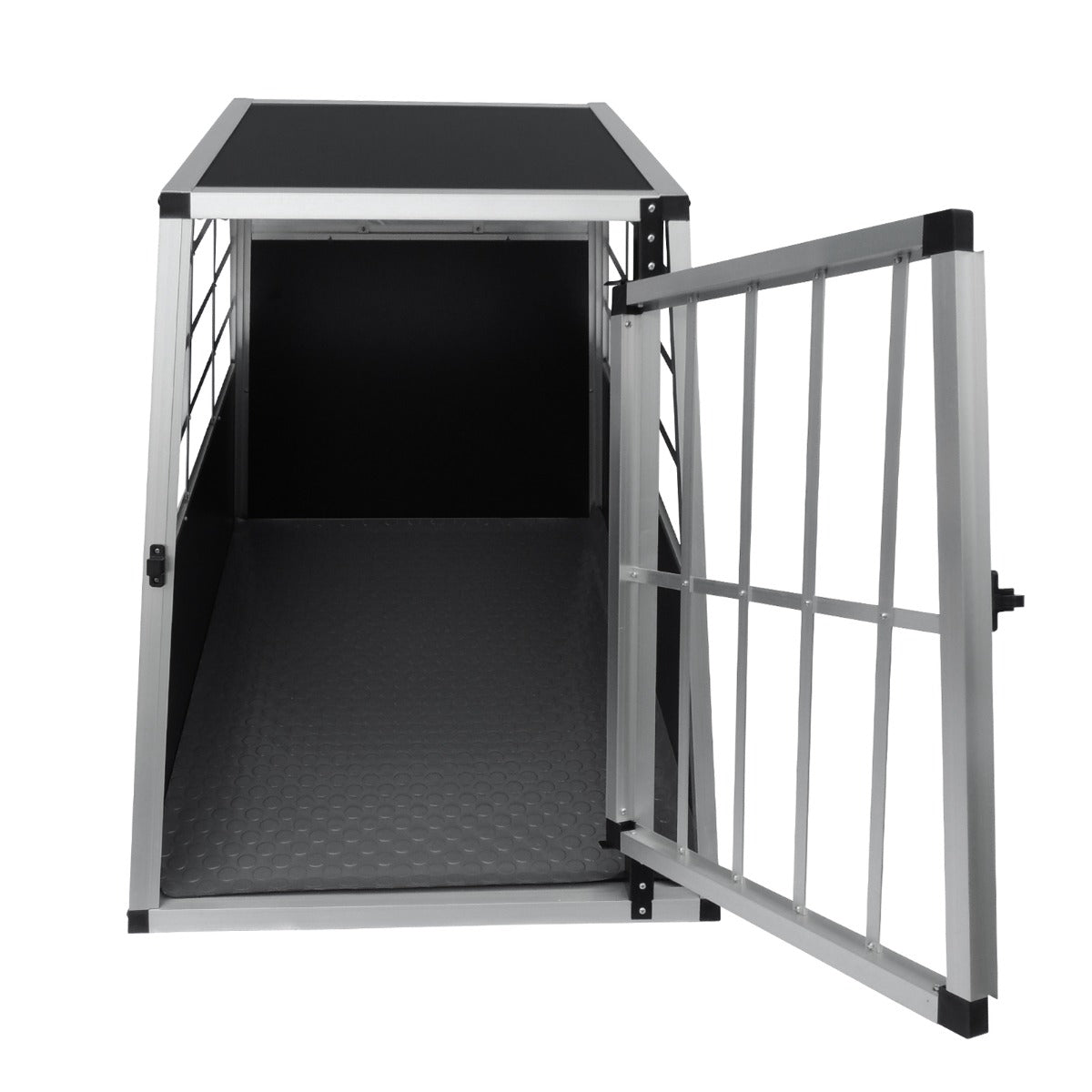 Cage de transport pour animaux grand format en aluminium, avec une porte grille, intérieur noir et sol texturé antidérapant