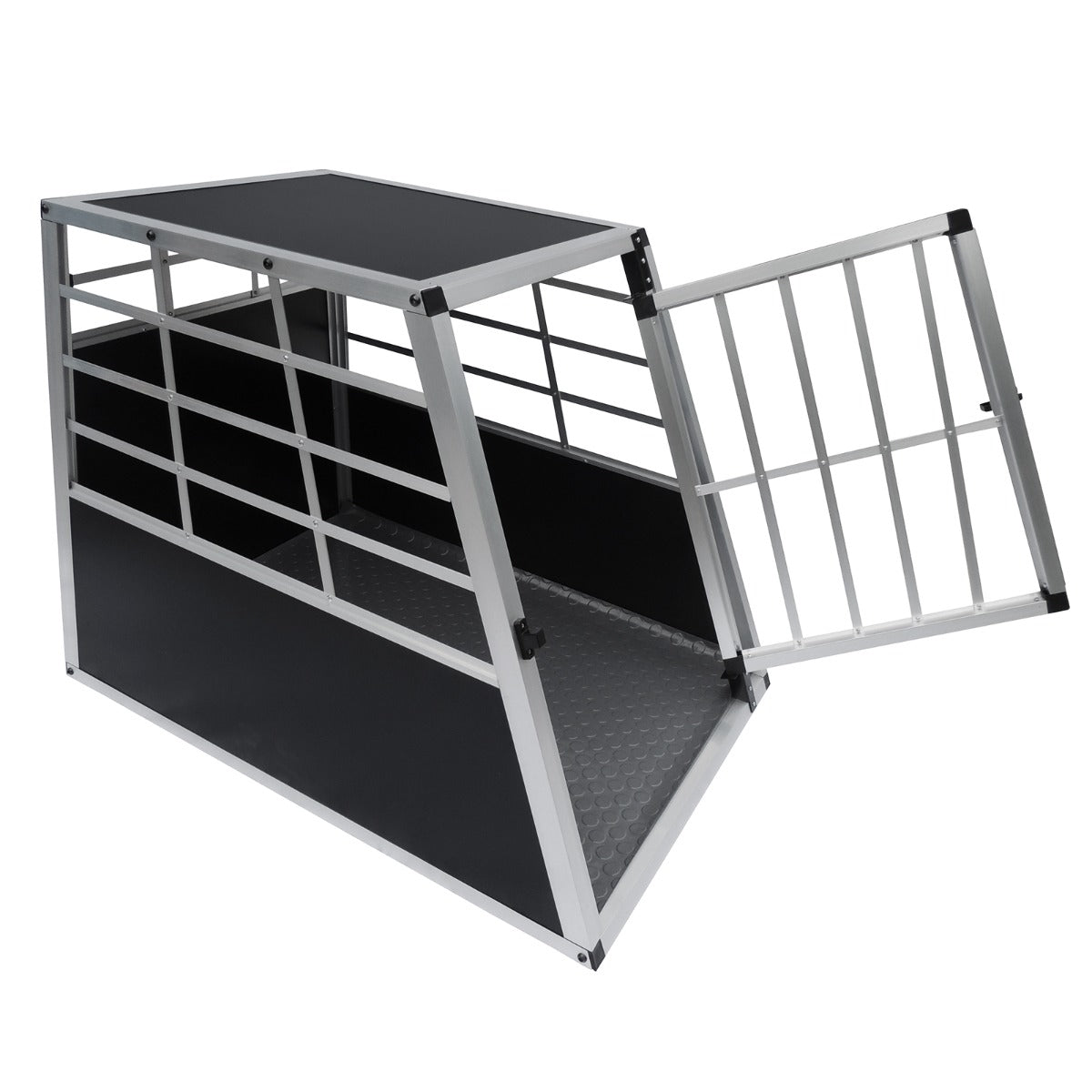 Cage de transport pour animaux grand format en métal, avec une finition noire et des grilles en aluminium, porte ouverte sur le côté