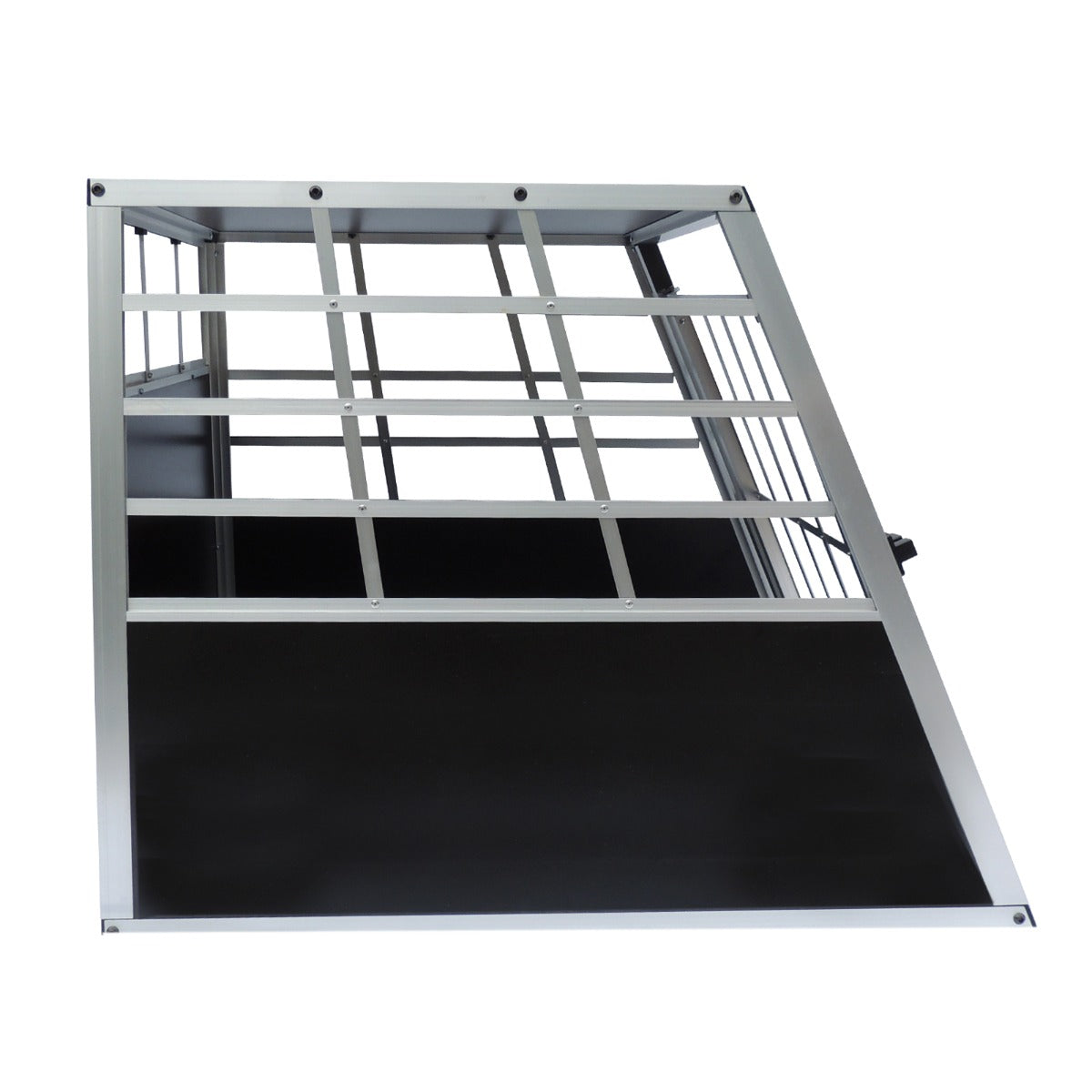Cage de transport pour animaux grand format, en métal argenté avec des grilles et un fond noir, offrant robustesse et sécurité