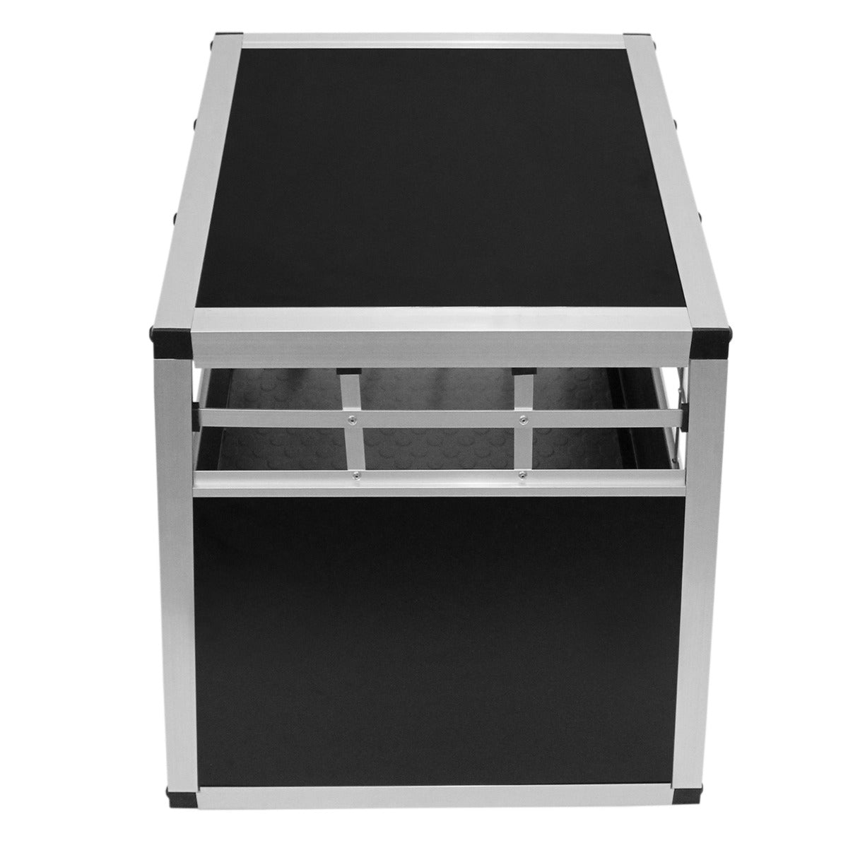 Cage de transport pour animaux grand format, en métal noir avec des grilles en aluminium, design robuste et spacieux pour le confort des animaux
