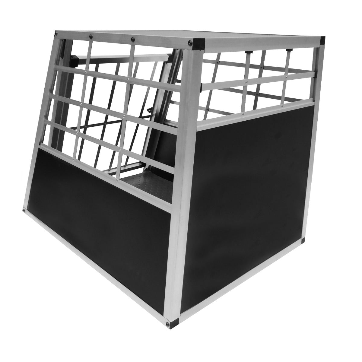 Cage de transport pour animaux grand format, en métal argenté et noir, avec une structure solide et des grilles pour ventilation