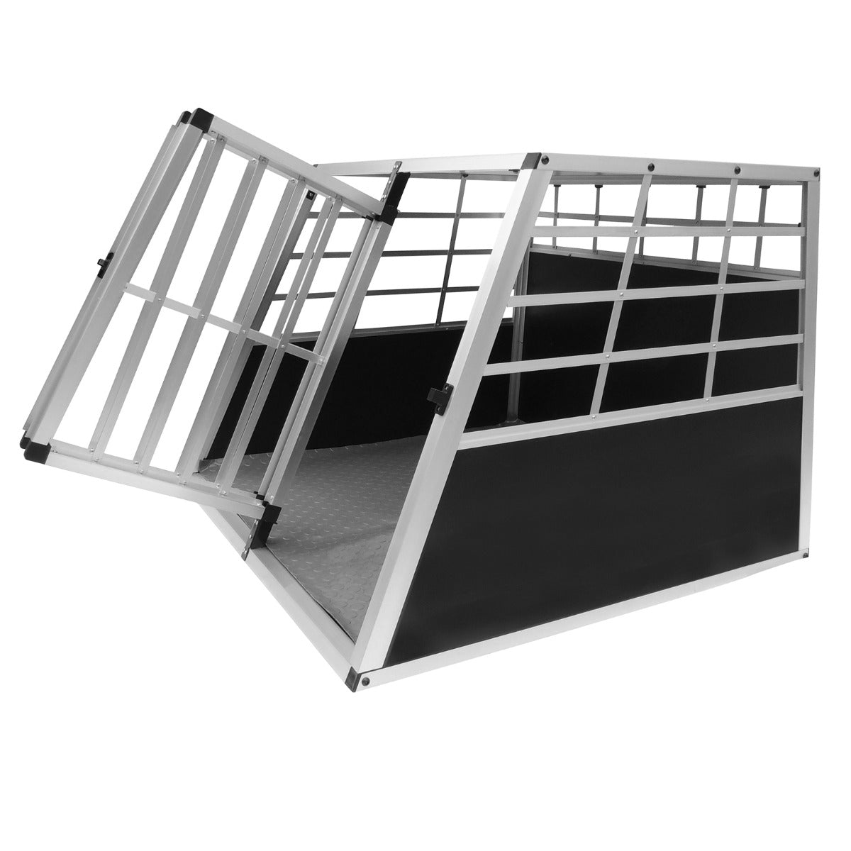 Cage de transport pour animaux grand format en aluminium, avec deux portes grillagées et un fond antidérapant noir, idéale pour le confort des animaux