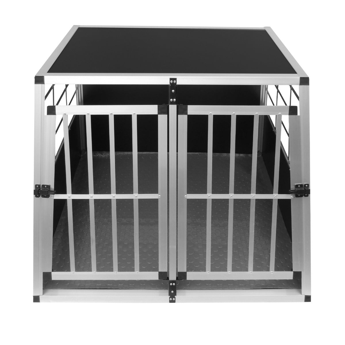 Cage de transport pour animaux en métal, finition argentée, avec deux portes à barres et un fond texturé en plastique noir