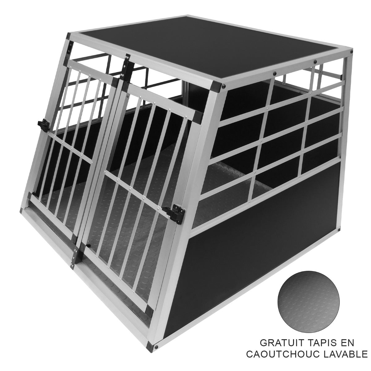 Cage de transport pour animaux en métal noir, avec deux portes grillagées et un tapis en caoutchouc lavable à l'intérieur