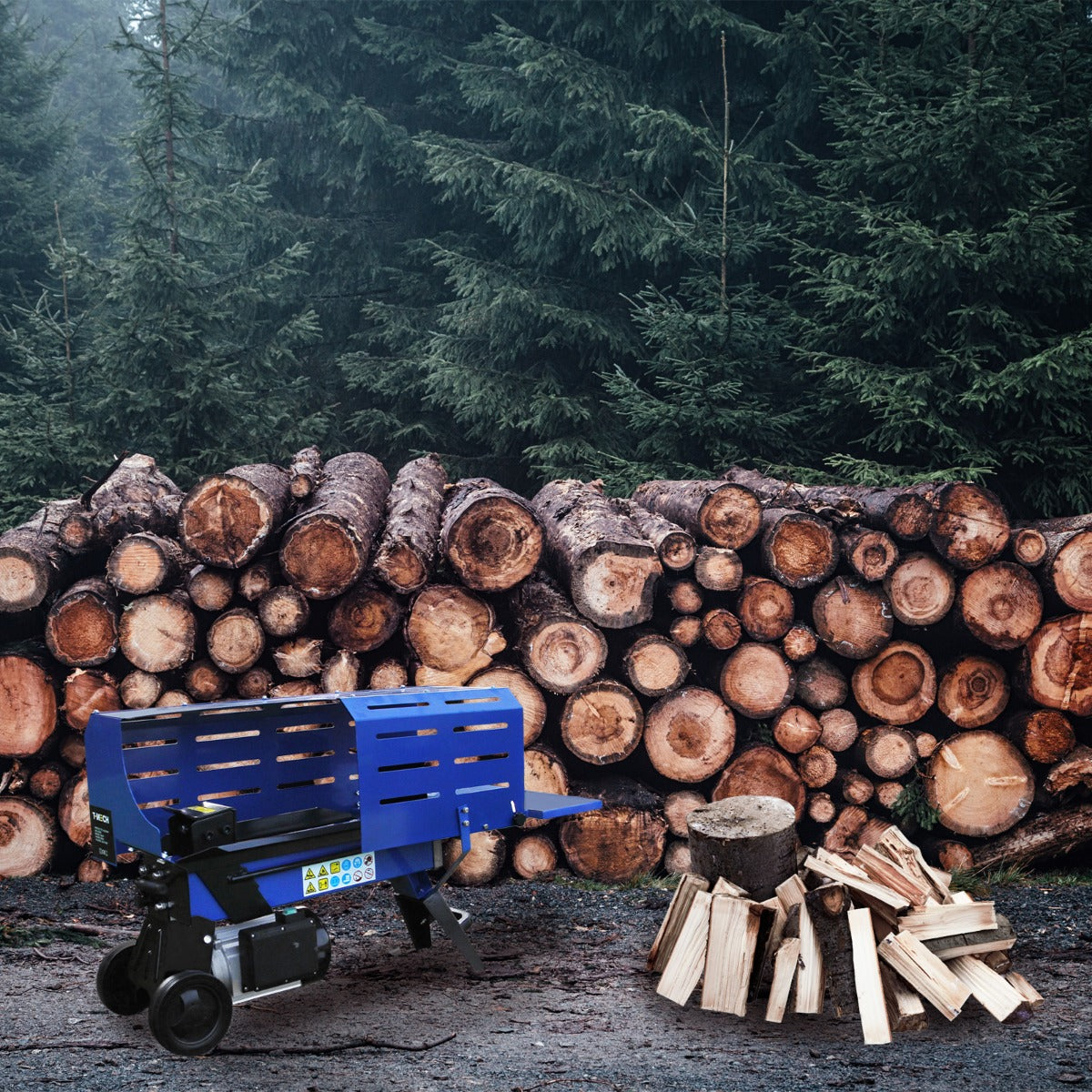 Fendeur de bûches T-Mech bleu, 370 mm, 5 T, devant un tas de bûches en bois, avec des bûches coupées à côté sur un sol en gravier