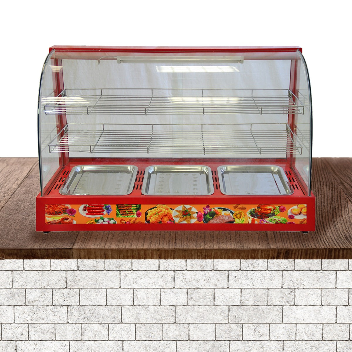 Vitrine chauffante électrique de 90 cm, avec trois bacs en acier inoxydable, cadre rouge, et parois en verre transparent pour une visibilité optimale