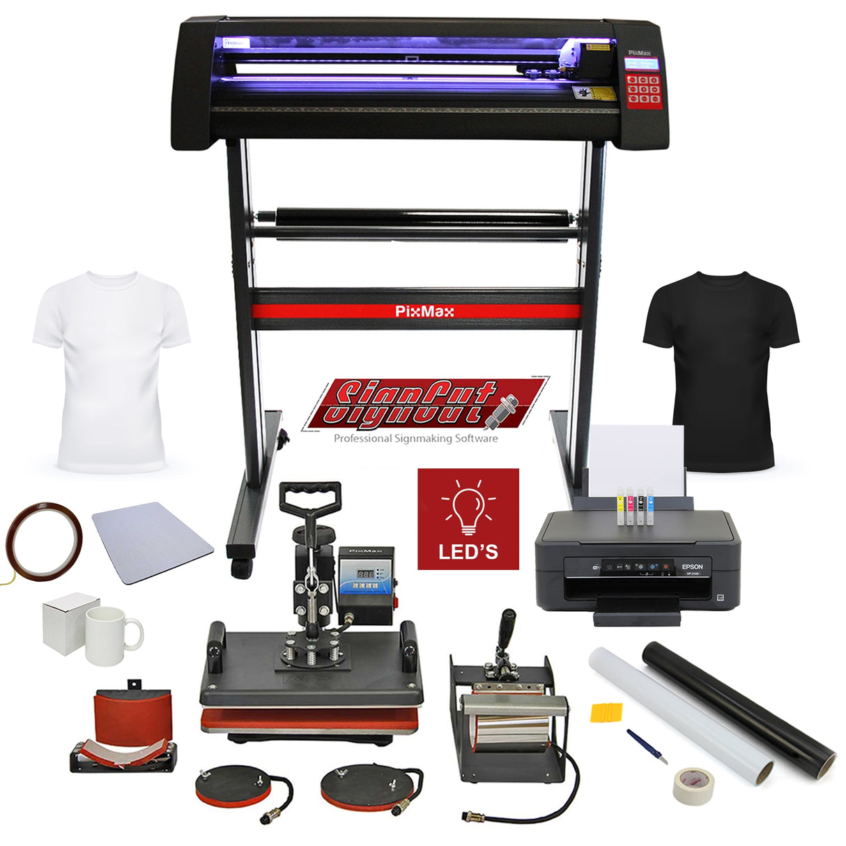 Lot de presse à chaud 5 en 1 PixMax avec plotter de découpe, imprimante, accessoires, t-shirts, mugs et rouleaux de vinyle