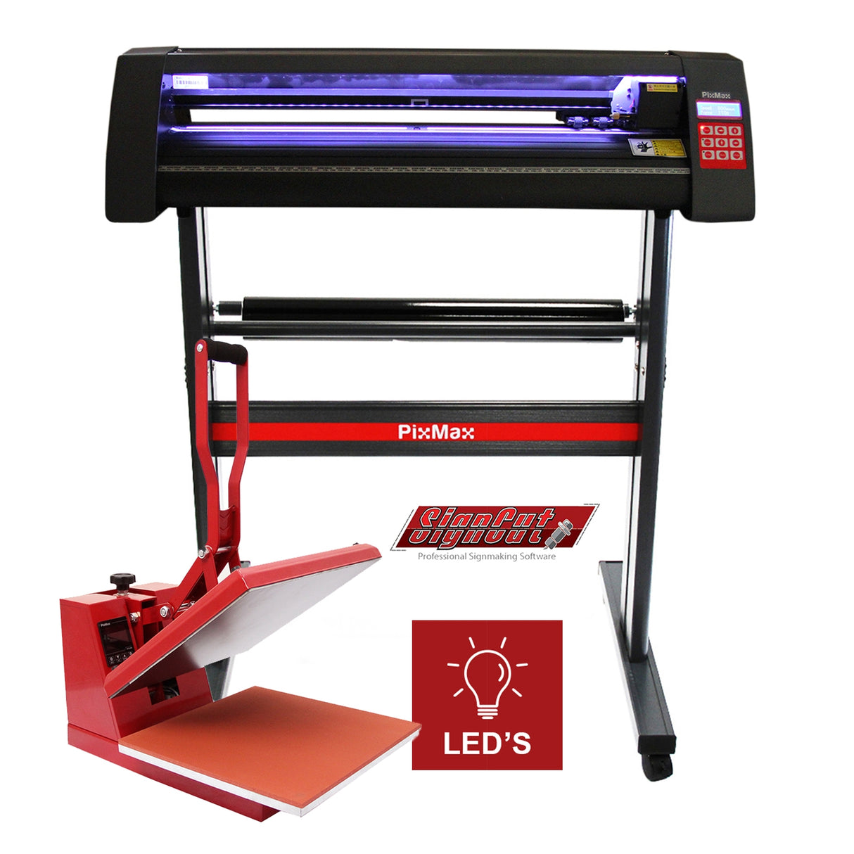 Plotter de découpe vinyle PixMax avec presse à chaud rouge, rouleau de support et logiciel SignCut Pro, éclairage LED intégré