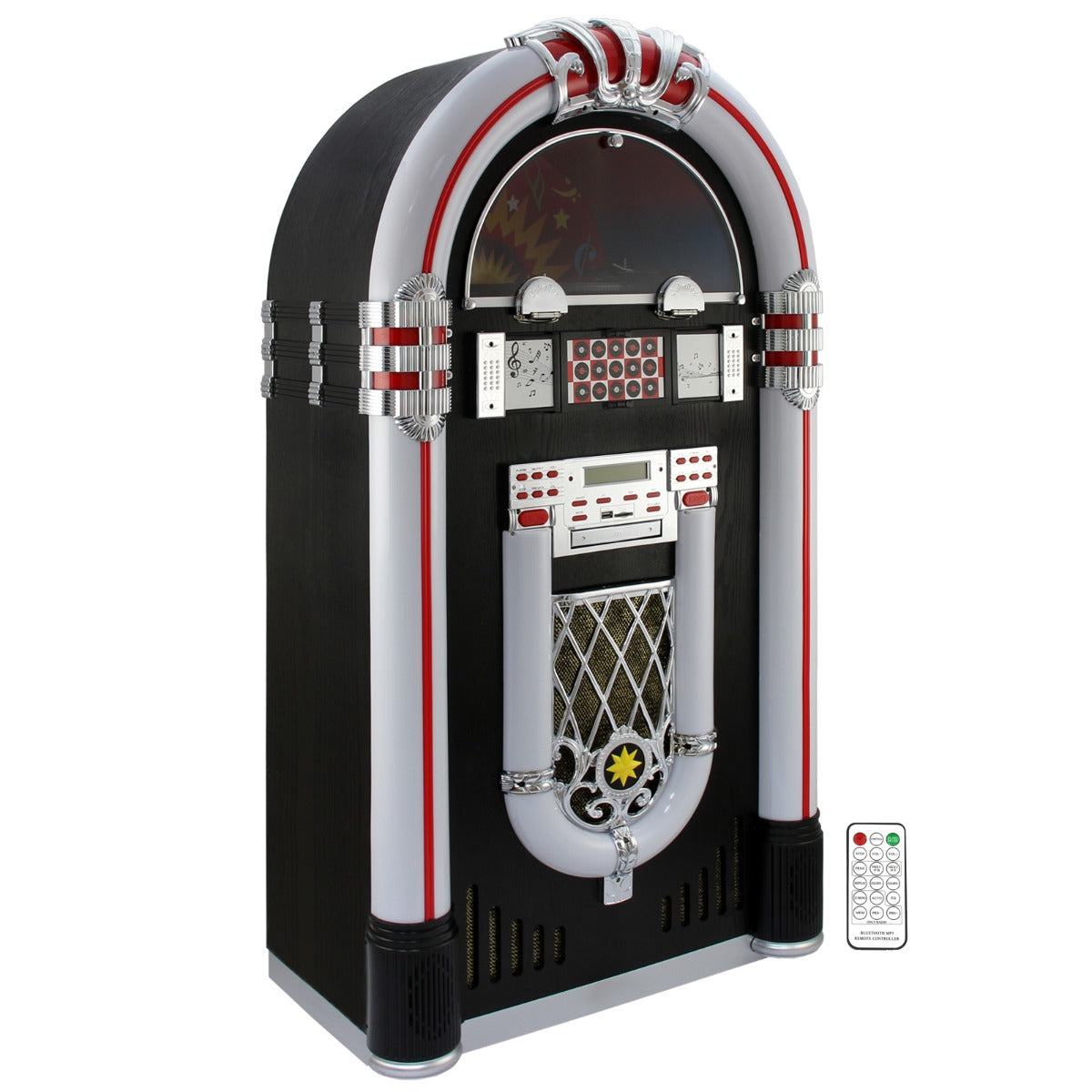Jukebox Rétro à poser sur le sol MonsterShop Lecteur CD, MP3, Bluetooth, Radio, AUX, Eclairage