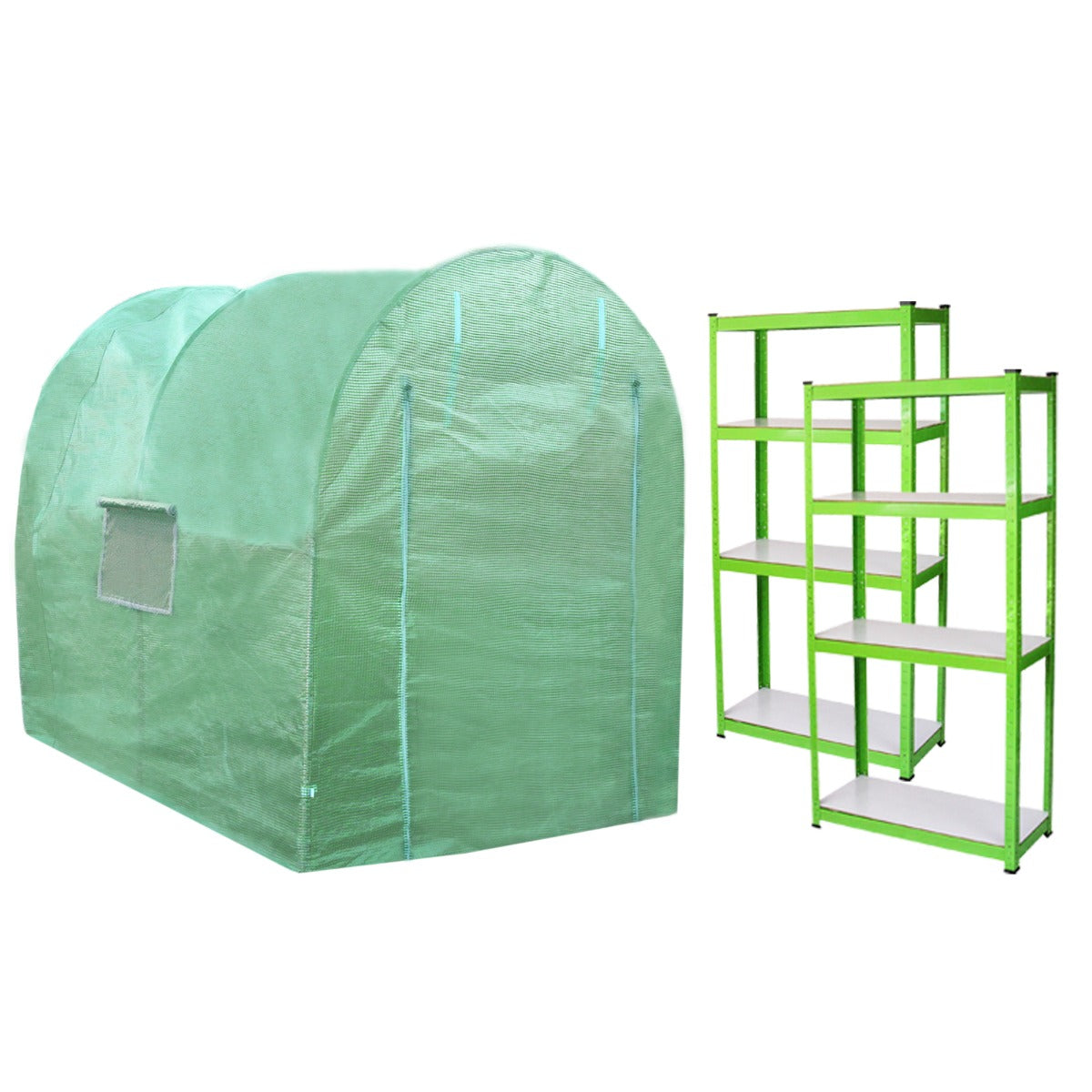 Serre polytunnel vert en plastique avec étagères blanches, dimensions 2,5m x 2m, idéal pour cultiver des plantes en extérieur