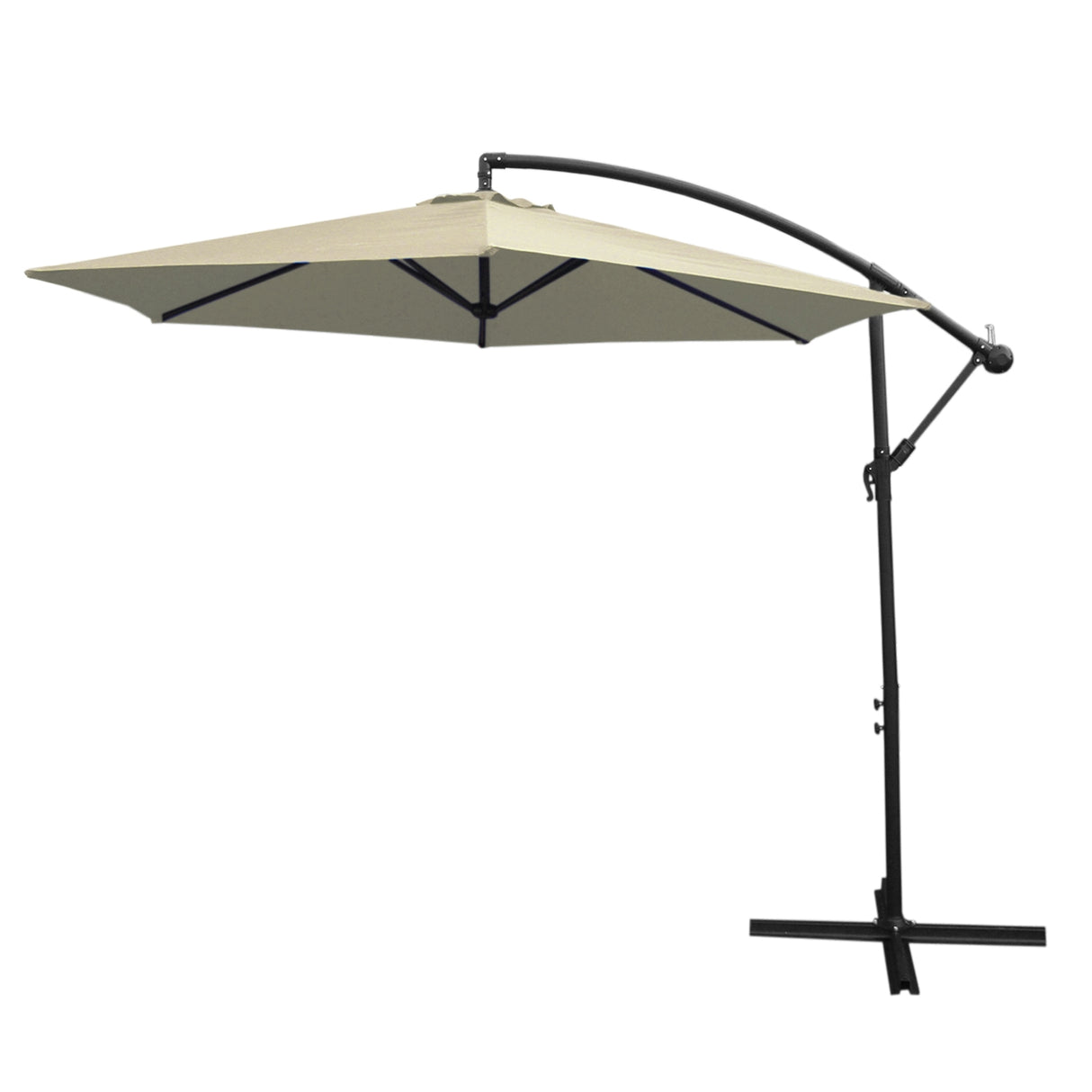 Parasol déporté de 3 m en crème, avec une structure en métal noir et un design élégant, parfait pour ombrager les espaces extérieurs