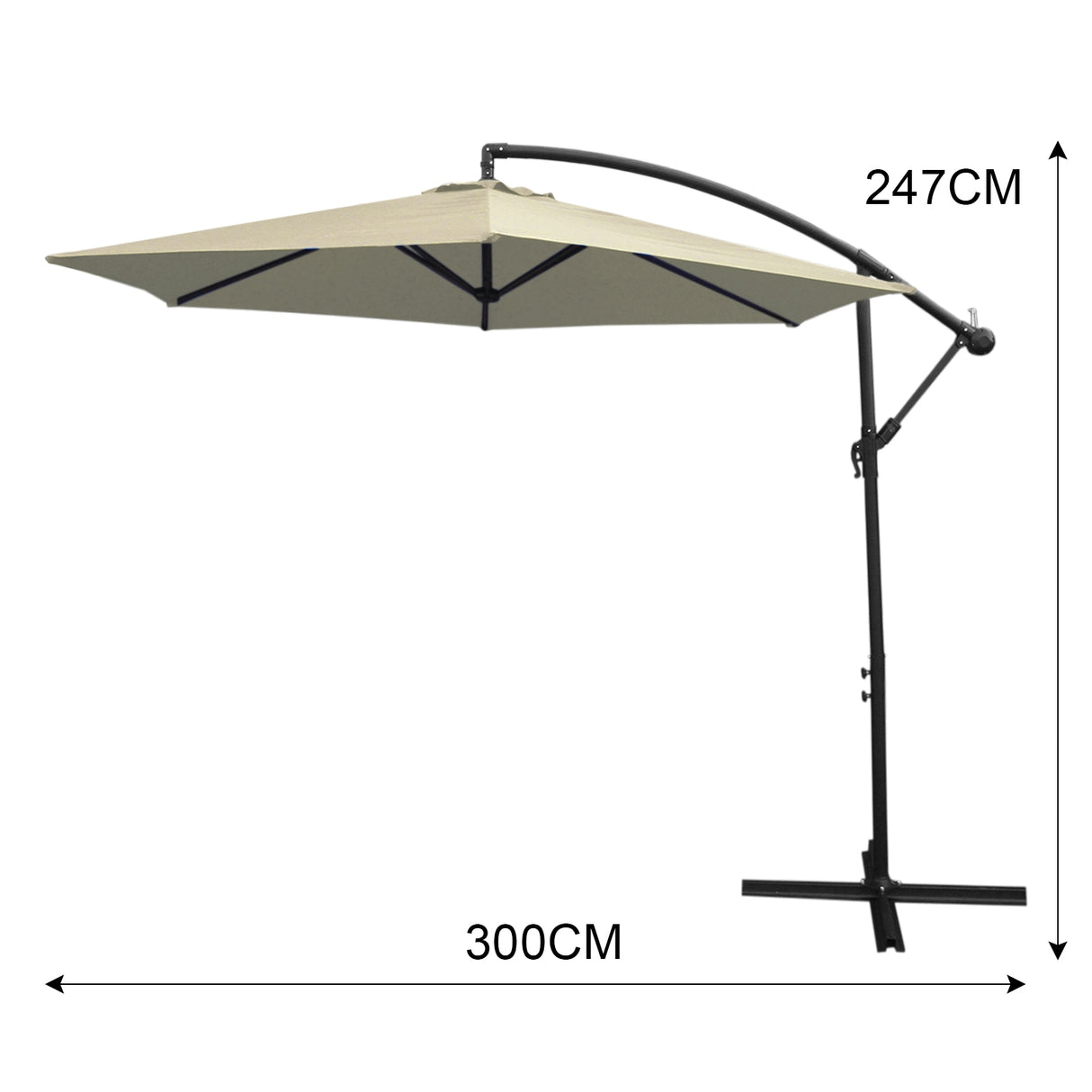 Parasol déporté de 3 m en crème avec structure noire, offrant une ombre généreuse et un design élégant pour les espaces extérieurs