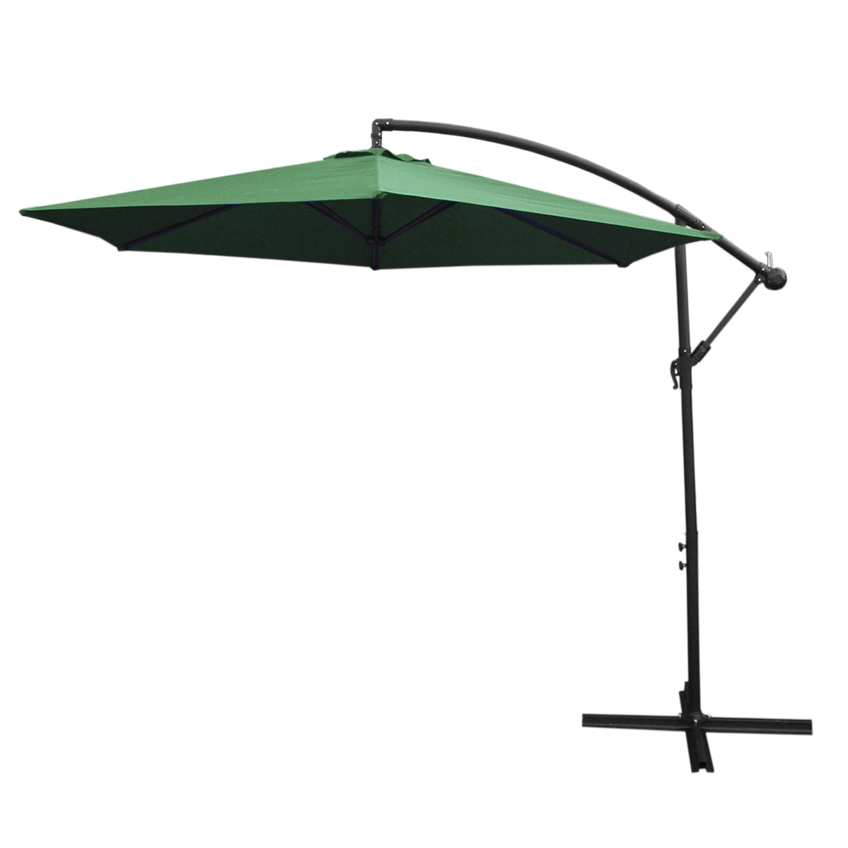 Parasol déporté de 3 m en vert, avec une structure en métal noir et un design élégant, idéal pour ombrager les espaces extérieurs