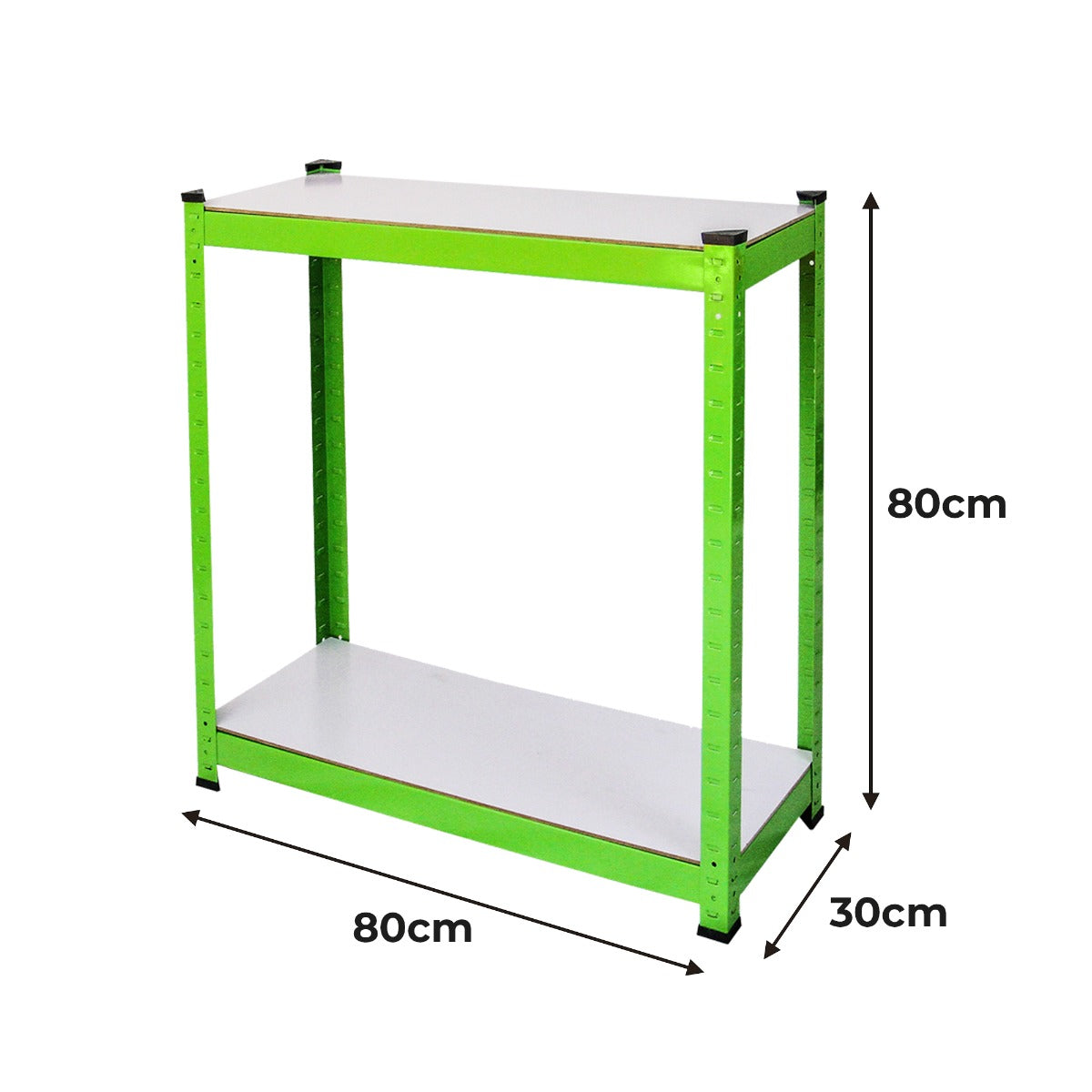 Étagère en métal vert vif avec deux niveaux, dimensions 80 cm de large, 80 cm de haut et 30 cm de profondeur, idéale pour le rangement dans un serre polytunnel