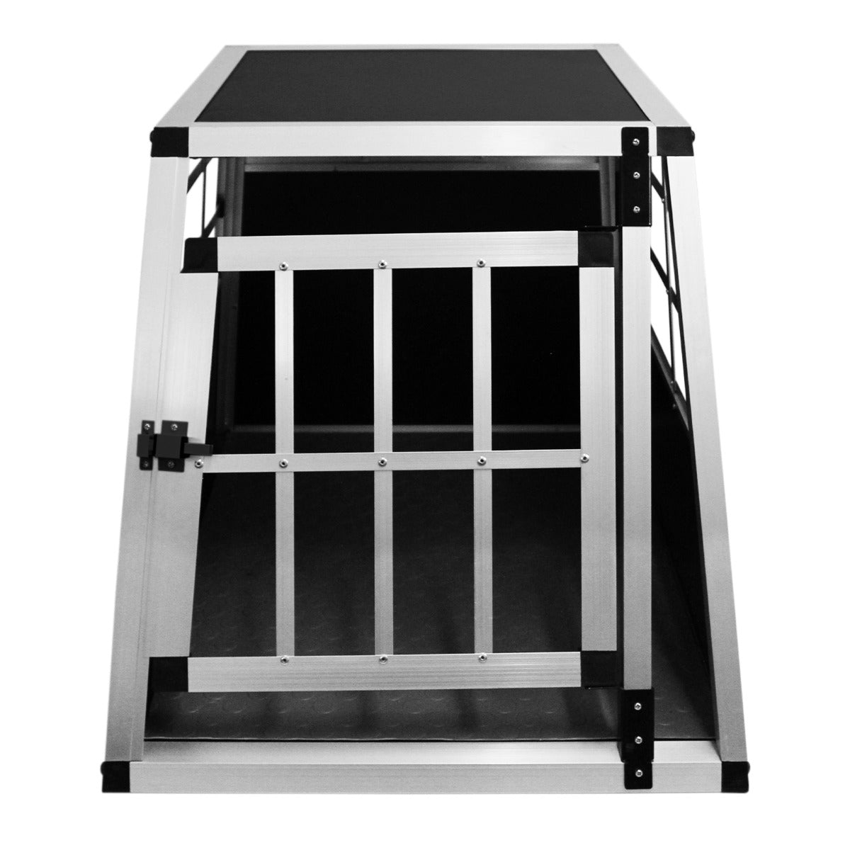 Cage de transport pour animaux petit format en aluminium, avec porte grillagée, finition noire et design compact pour un transport facile