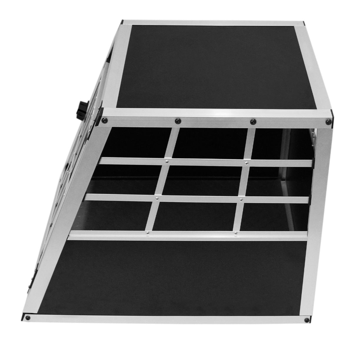 Cage de transport pour animaux petit format, en métal léger avec une finition noire, design incliné et grille de ventilation pour le confort