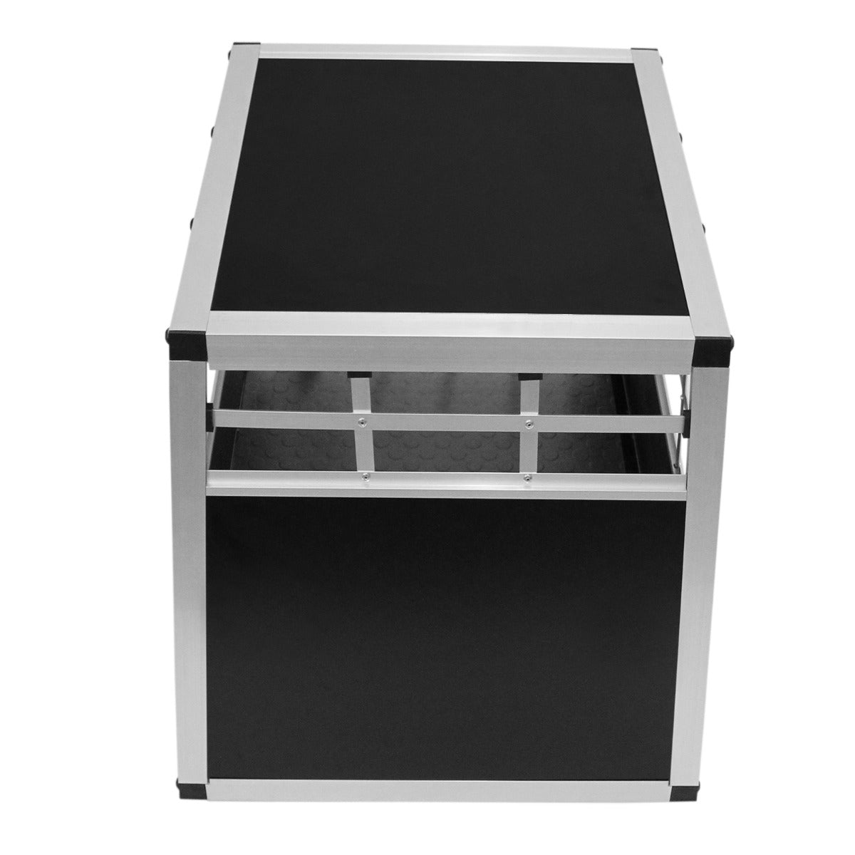 Cage de transport pour animaux petit format, en aluminium noir, avec des grilles métalliques et un design robuste et léger