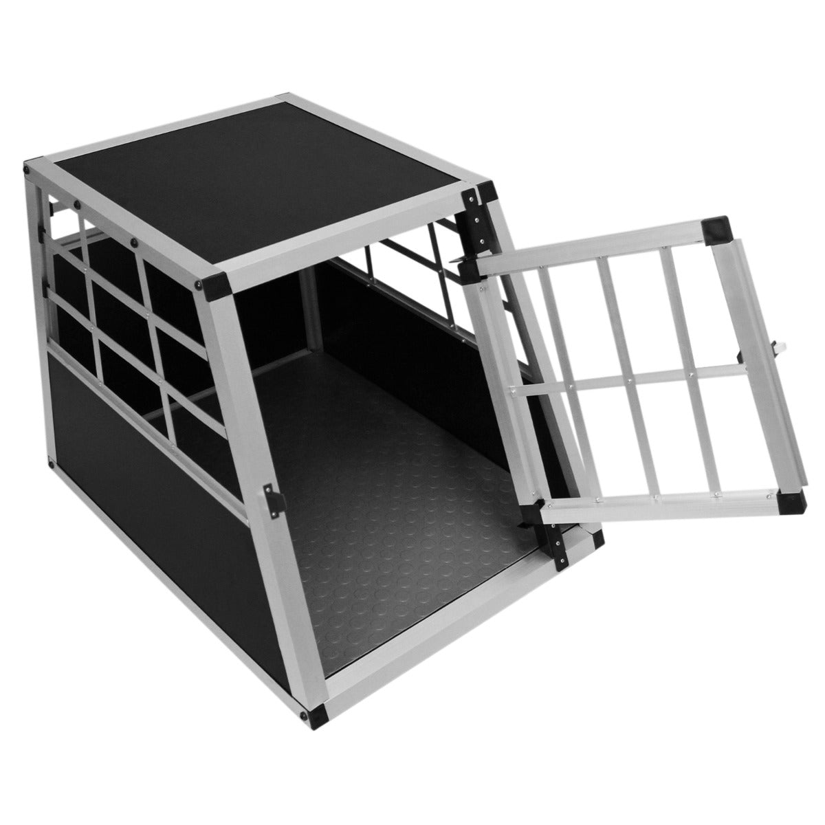Cage de transport pour animaux de petit format, en métal gris avec une porte grillagée et un fond texturé antidérapant noir
