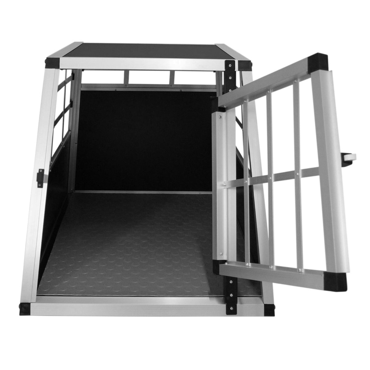 Cage de transport pour animaux petit format, en aluminium, avec une porte en métal et un intérieur en plastique noir texturé