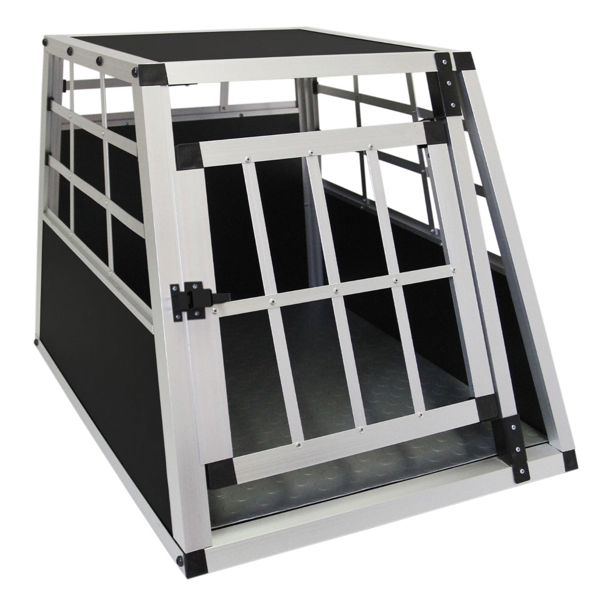 Cage de transport pour animaux petit format, en aluminium léger, avec une finition noire et une grille de ventilation sur le devant