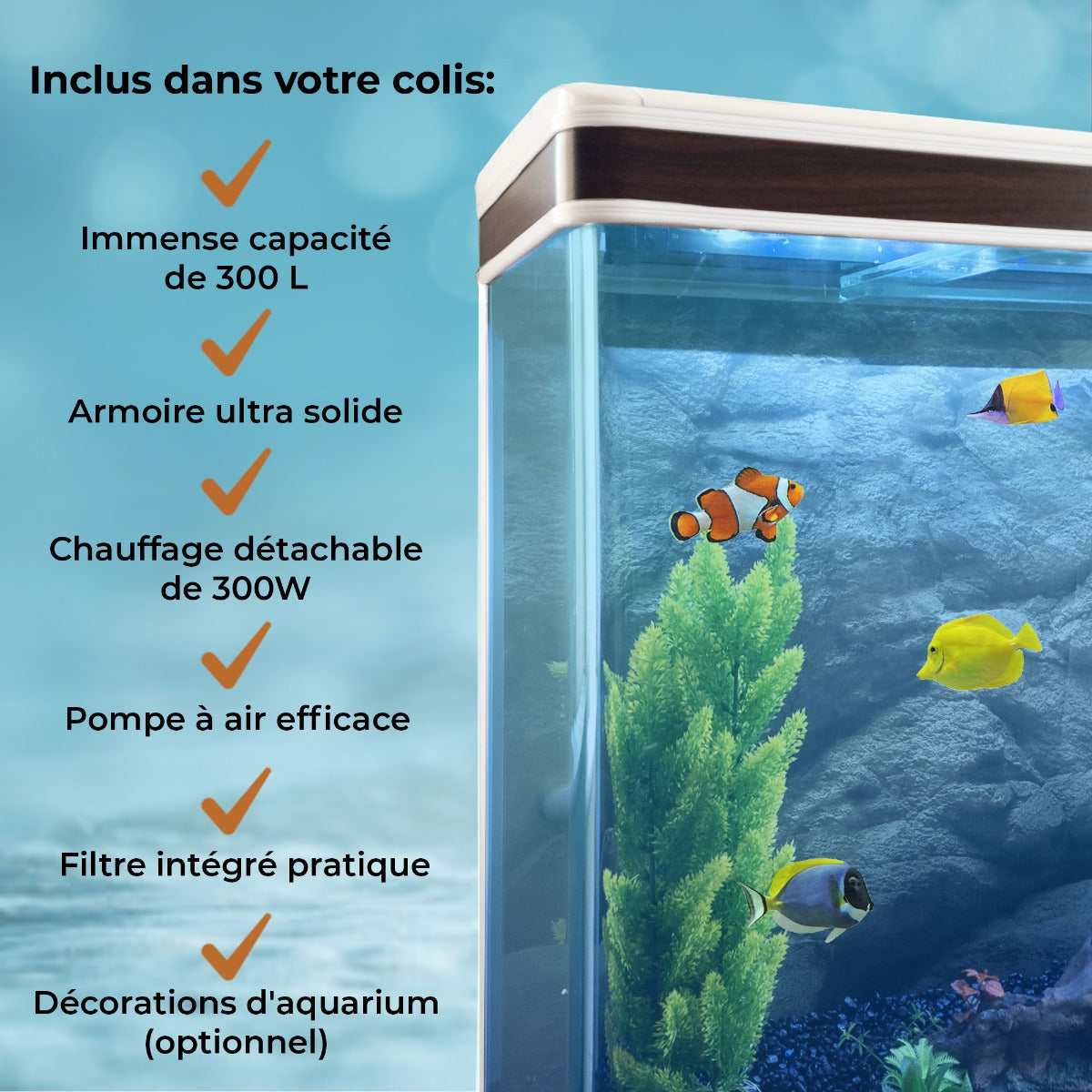 Aquarium blanc de 300 L avec meuble de support, décorations aquatiques, chauffage, pompe à air et filtre intégré, design moderne et élégant