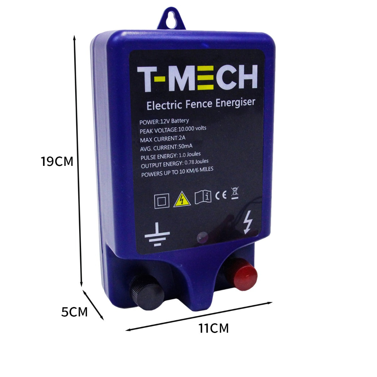 Électrificateur de clôture T-Mech, boîtier bleu, dimensions 19 cm x 11 cm x 5 cm, avec connexions rouge et noir pour câbles électriques
