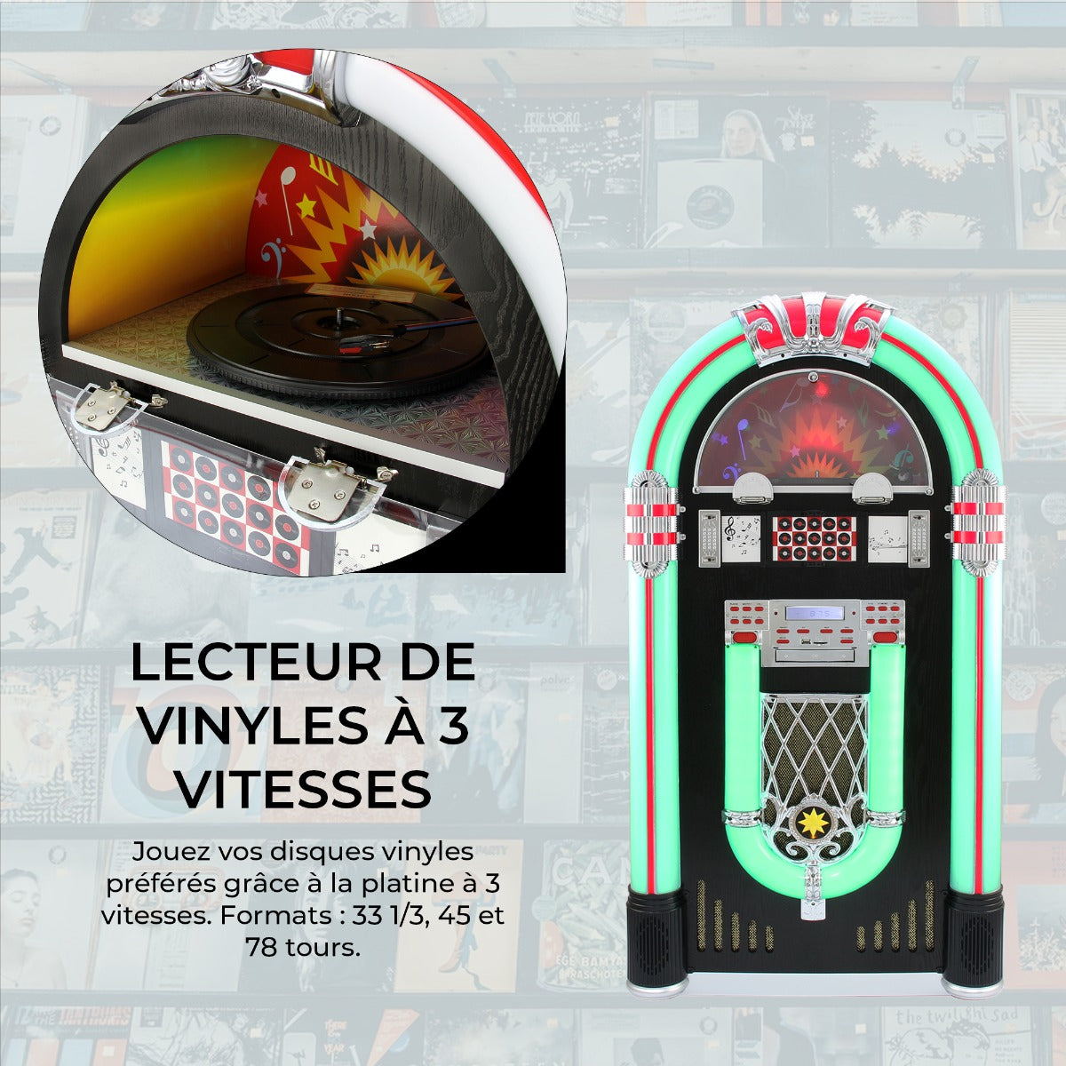 Jukebox Rétro à poser sur le sol MonsterShop Lecteur CD, MP3, Bluetooth, Radio, AUX, Eclairage