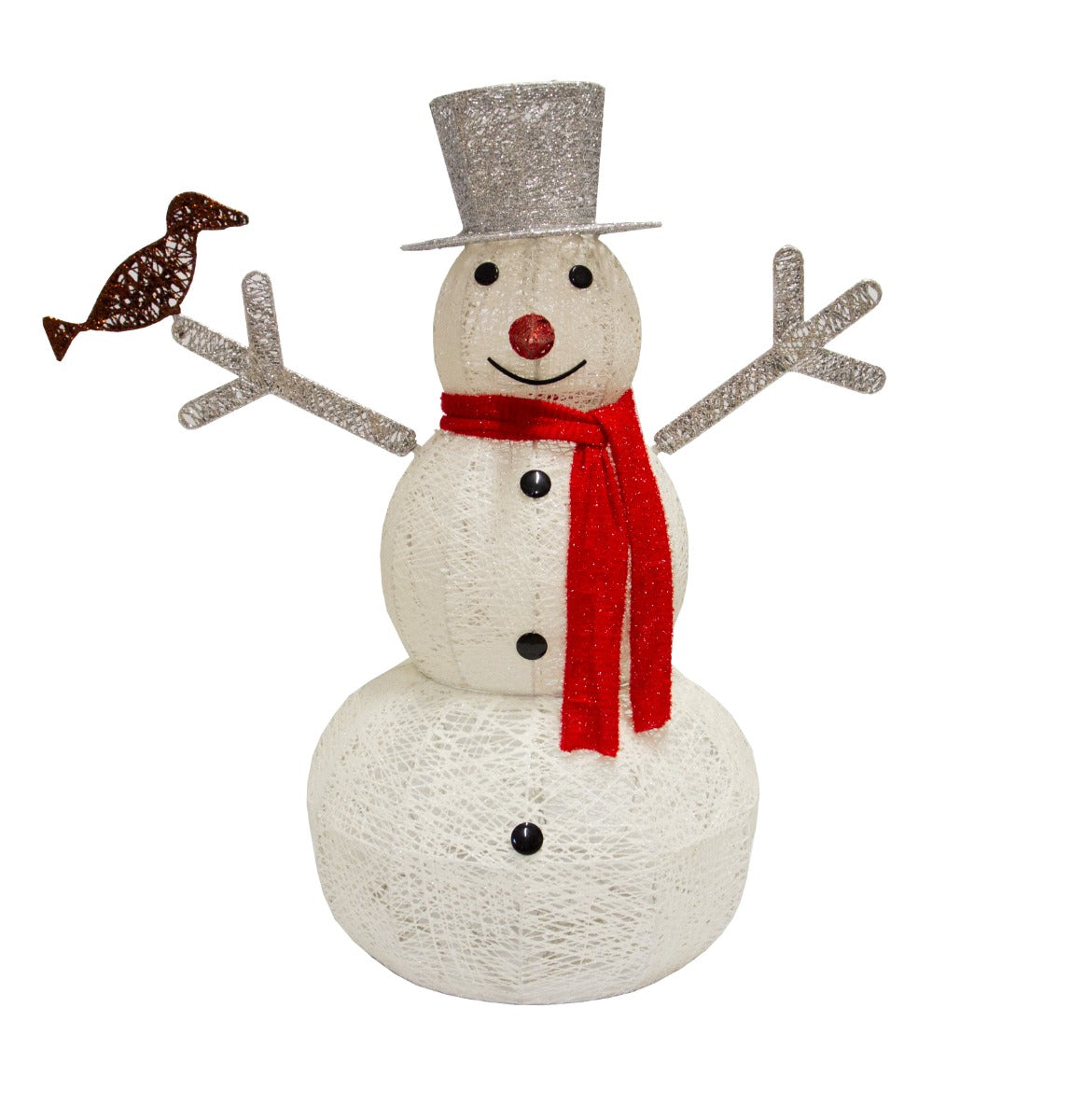 Bonhomme de neige lumineux en LED, blanc froid, avec chapeau argenté, écharpe rouge, boutons noirs et bras en fil métallique argenté