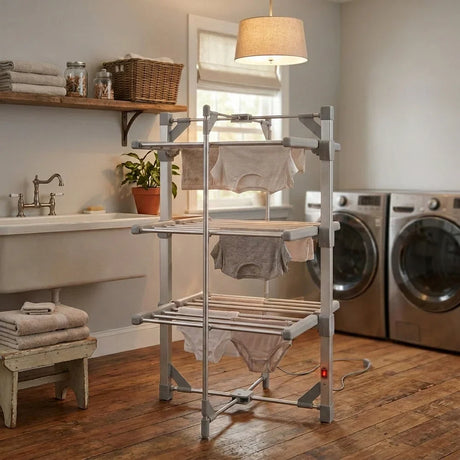 Séchoir à linge chauffant en métal gris, avec des sous-vêtements suspendus sur plusieurs étagères, dans une buanderie lumineuse en bois naturel