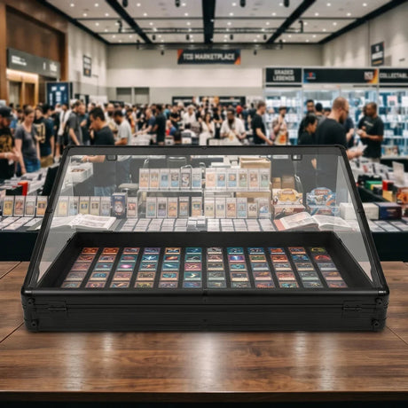 Vitrine verrouillable en acrylique noire exposant des cartes colorées sur un fond de foule animée dans un marché de collectionneurs