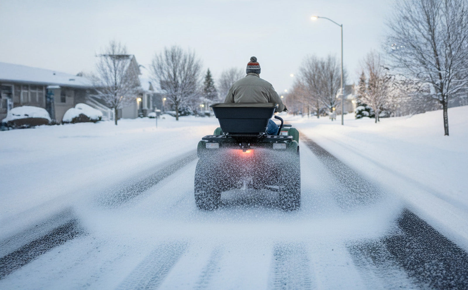 Un épandeur monté sur quad, équipé d'un bac noir, dégage la neige sur une route enneigée, entourée d'arbres et de maisons