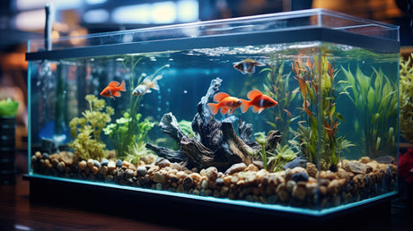 Aquarium élégant avec poissons colorés, plantes aquatiques vertes, roches naturelles et gravier, créant une ambiance apaisante