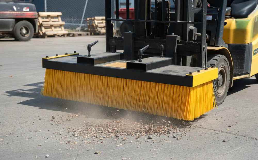 Brosse jaune pour chariot élévateur en action, nettoyant des débris sur un sol en béton, avec des palettes en arrière-plan