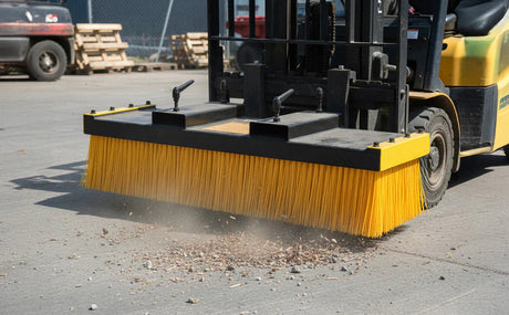 Brosse jaune pour chariot élévateur en action, nettoyant des débris sur un sol en béton, avec des palettes en arrière-plan