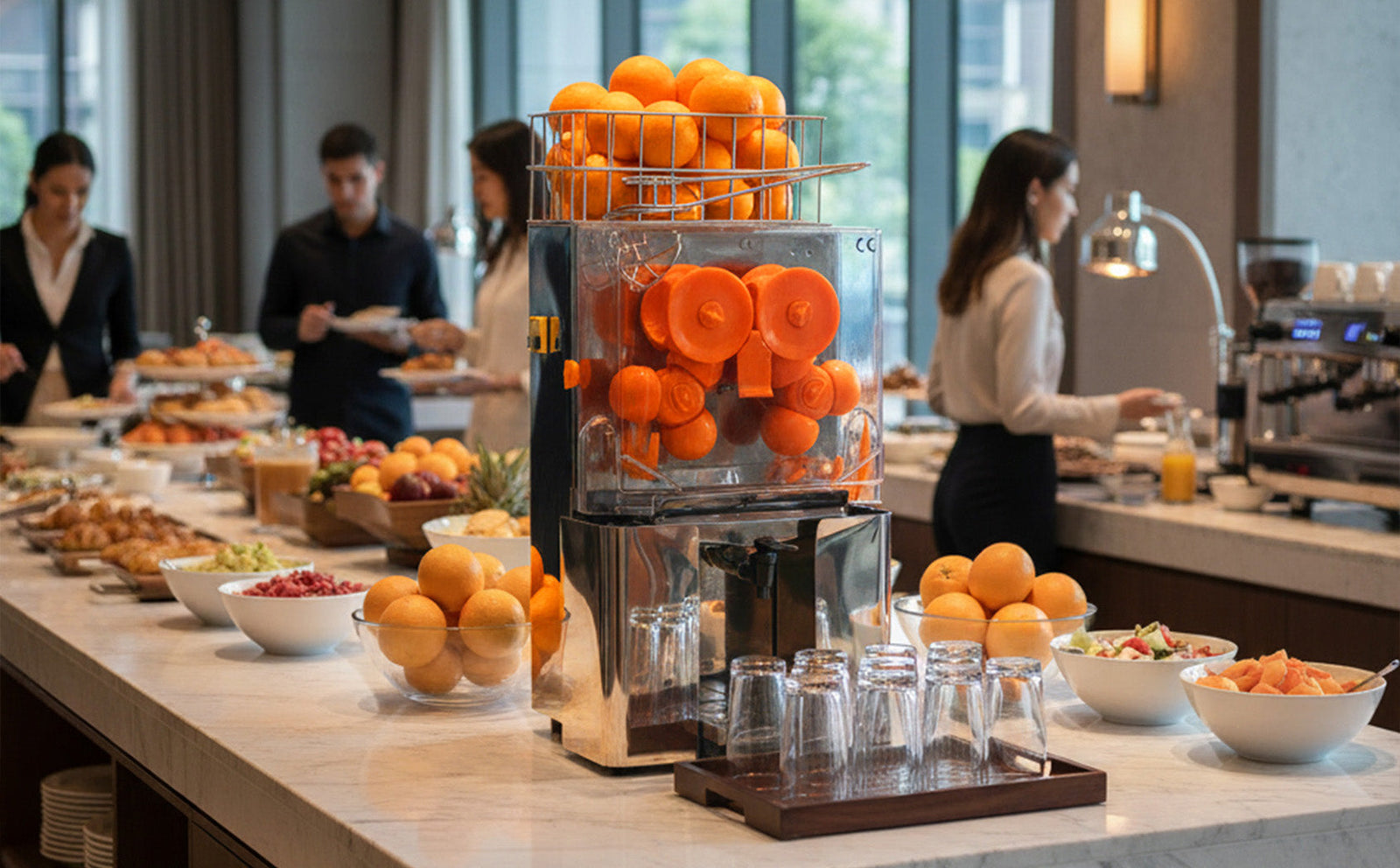 Presse-agrumes professionnel en acier inoxydable avec des oranges fraîches, entouré de plats colorés et de verres sur un buffet élégant