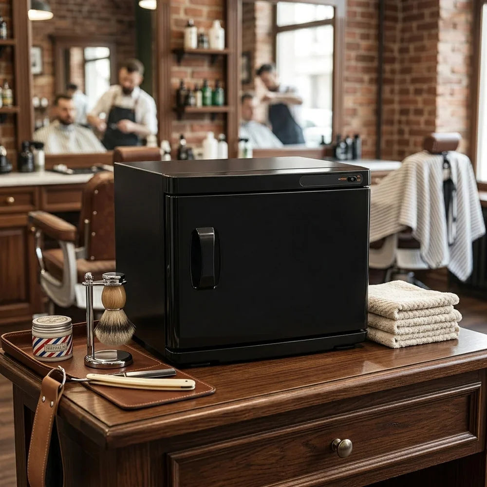 Chauffe-serviettes noir élégant sur un meuble en bois, entouré de serviettes blanches, d'un rasoir et d'un pot de crème dans un salon de barbier chaleureux