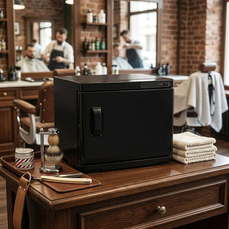 Chauffe-serviettes noir élégant sur un meuble en bois, entouré de serviettes blanches, d'un rasoir et d'un pot de crème dans un salon de barbier chaleureux