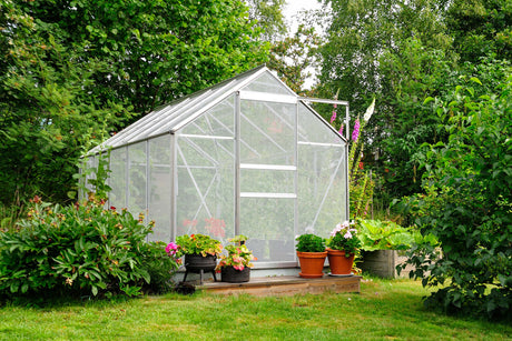 Serre de jardin en verre avec des plantes colorées en pot, entourée de verdure luxuriante et d'un jardin bien entretenu