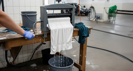 Essoreuse à main grise en action, essorant un linge blanc, avec de l'eau s'écoulant dans un seau noir sur une table en bois