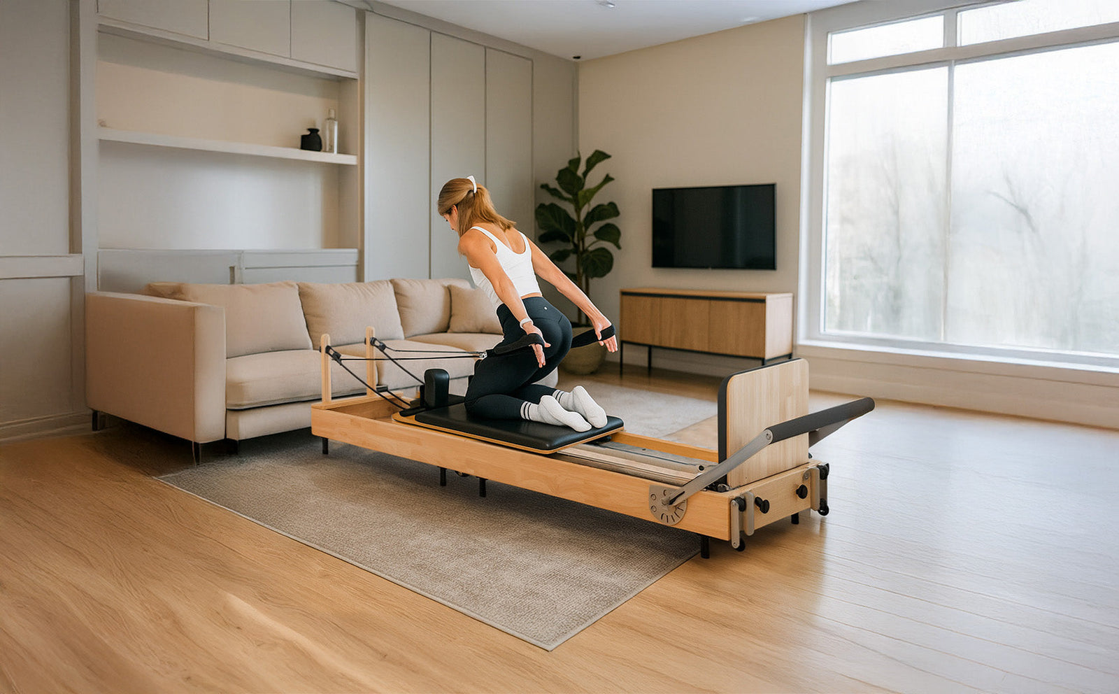 Femme en tenue de sport utilisant un reformer Pilates en bois clair dans un salon moderne avec un canapé et une grande fenêtre