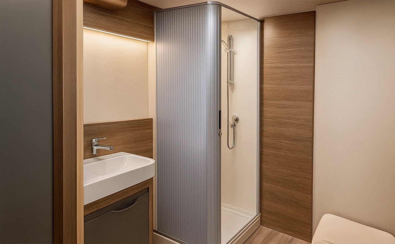 Douche à tambour moderne avec paroi en verre, meuble en bois clair, lavabo blanc et éclairage doux, idéale pour un campervan
