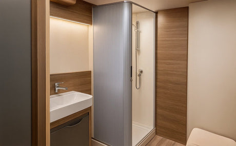 Douche à tambour moderne avec paroi en verre, meuble en bois clair, lavabo blanc et éclairage doux, idéale pour un campervan
