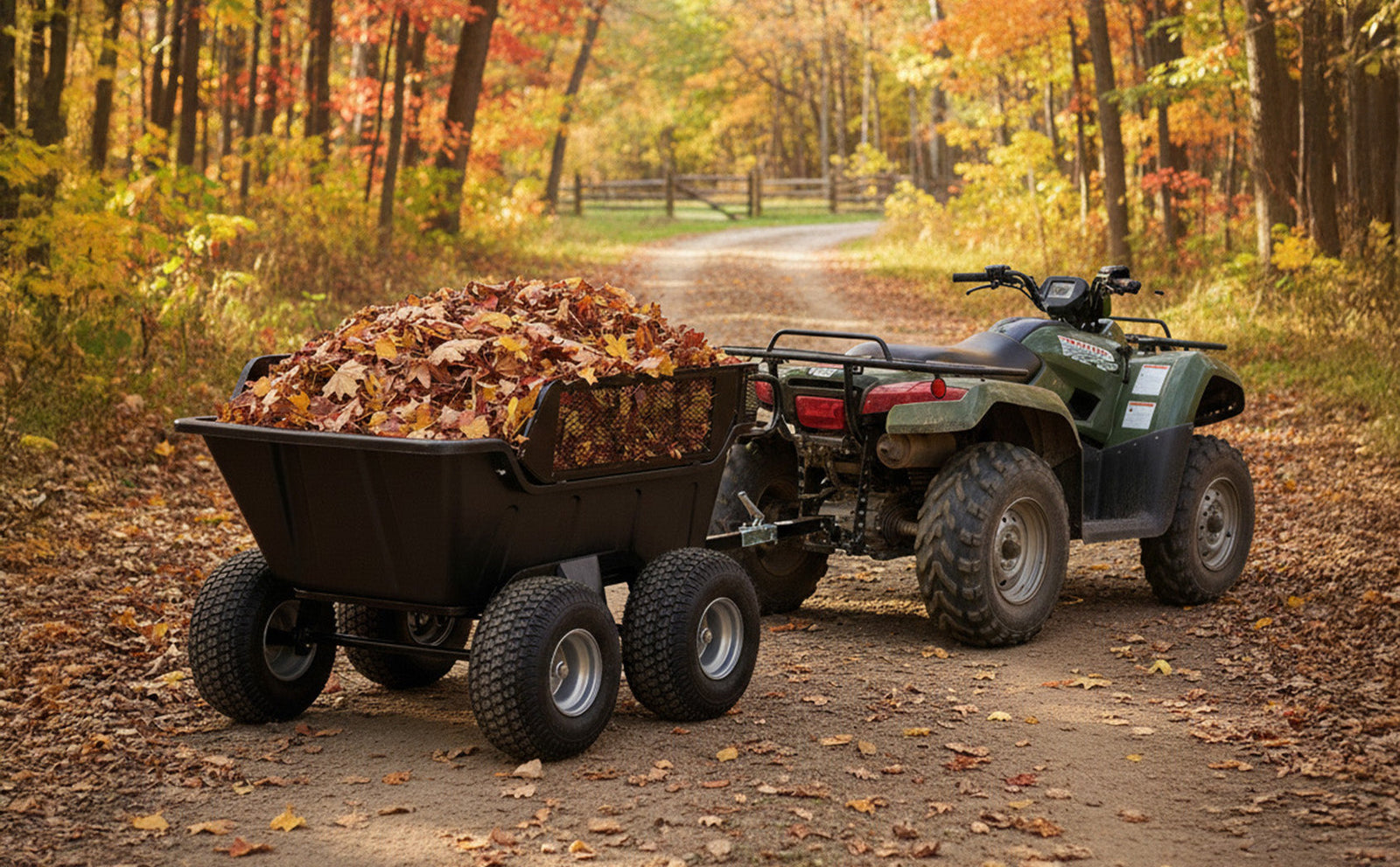 Remorque basculante noire pour quad, remplie de feuilles d'automne colorées, sur un chemin forestier entouré d'arbres dorés
