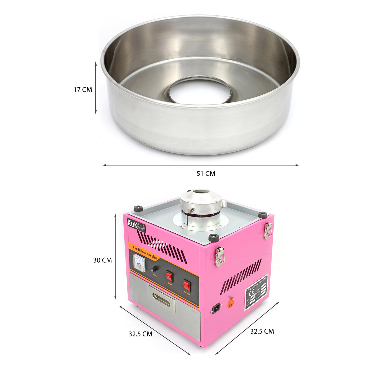 Machine à barbe à papa KuKoo en rose avec un bol en acier inoxydable, dimensions indiquées, design compact et moderne
