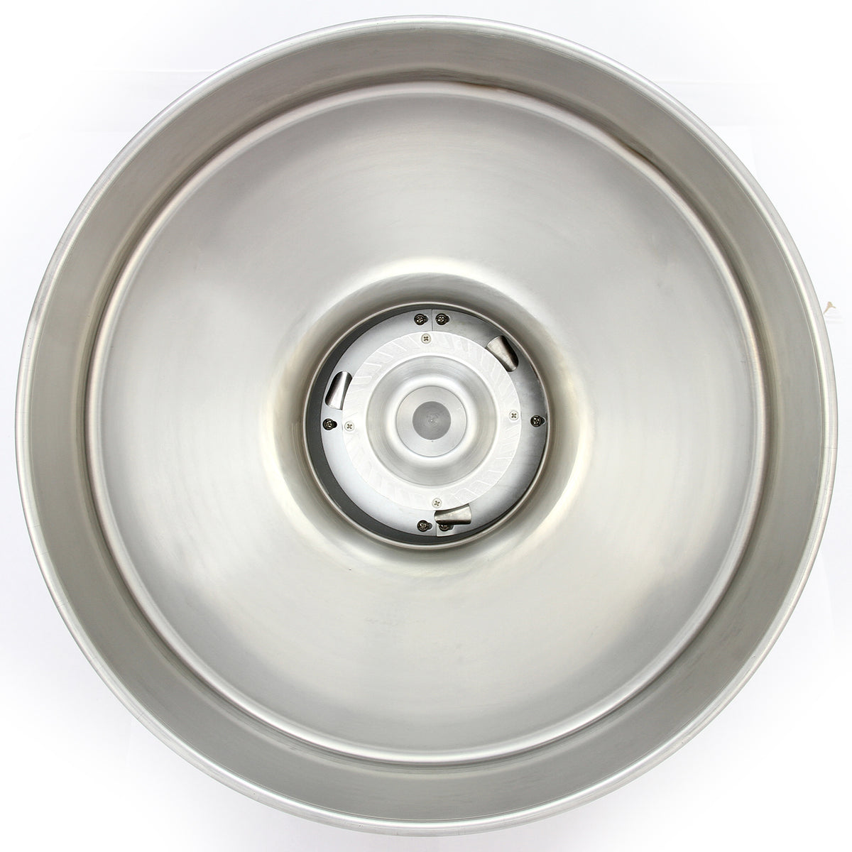 Bol en acier inoxydable brillant, circulaire, avec un fond plat et un moteur central, idéal pour la préparation alimentaire