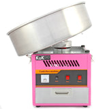 Machine à barbe à papa rose vif avec un grand bol en acier inoxydable, boutons de contrôle et indicateur de puissance sur le devant